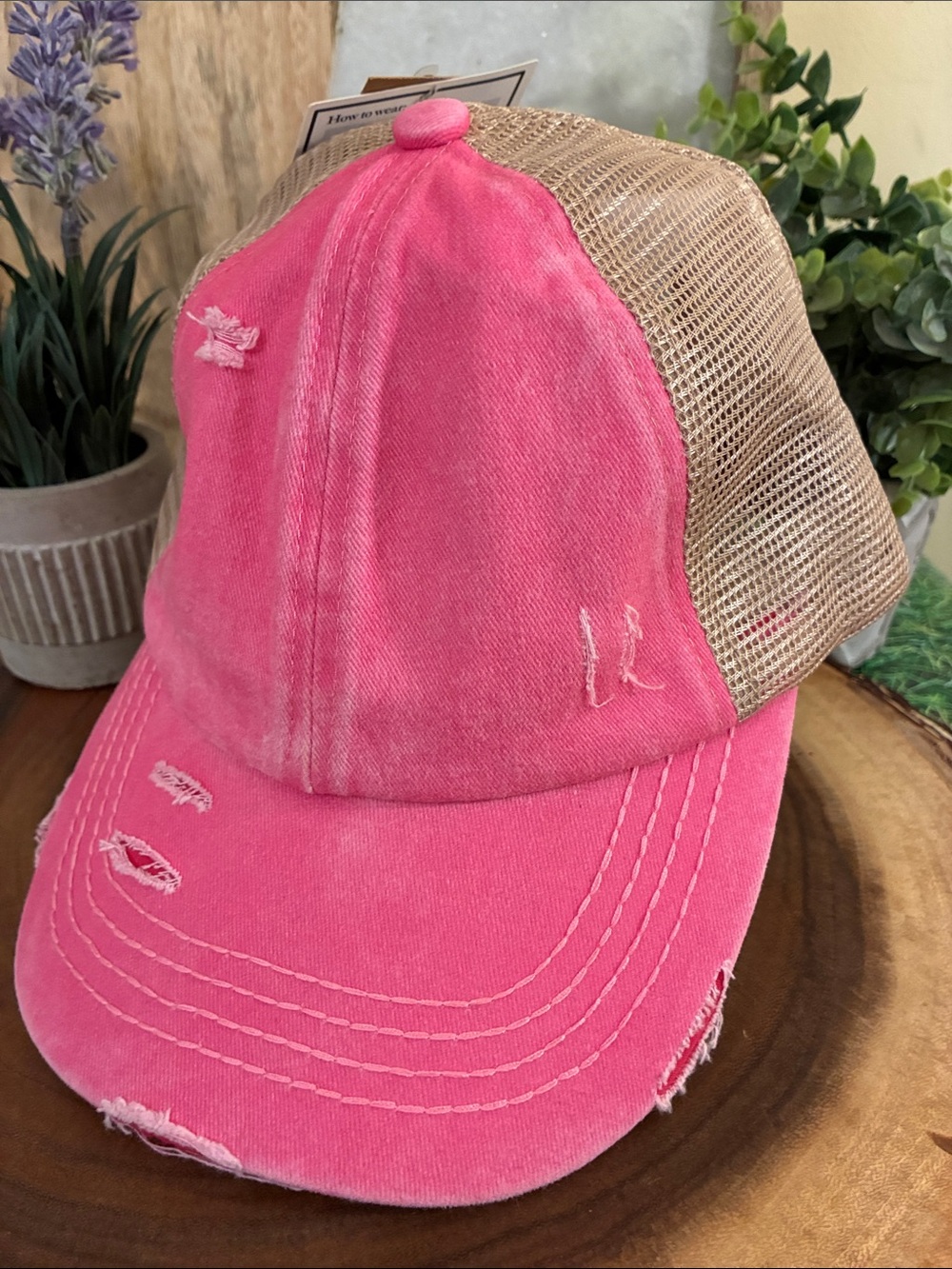 C.C. Boutique Hot Pink Distressed Ponycap Mesh-Back Baseball Hat